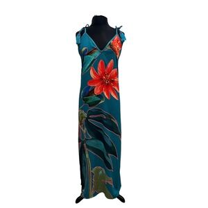 Cosita Linda Beachwear Teal Floral Metallic Lurex Maxi Dress Tassel Straps M